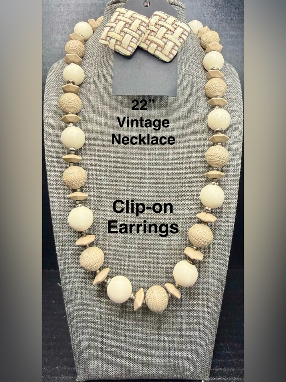 Beige Vintage 22" Beaded Necklace with Clip-On Earrings